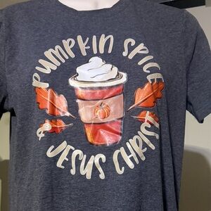 Pumpkin Spice & Jesus Christ Graphic Short Sleeve Tee - Grey, S
